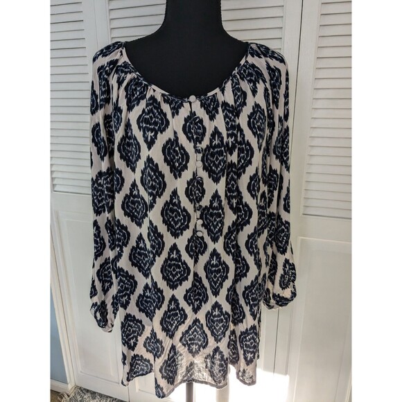 Marina Luna Tops - Marina Luna Blouse Women's Sz 2X Boho Peasant Navy Cream Medallion Soft Rayon